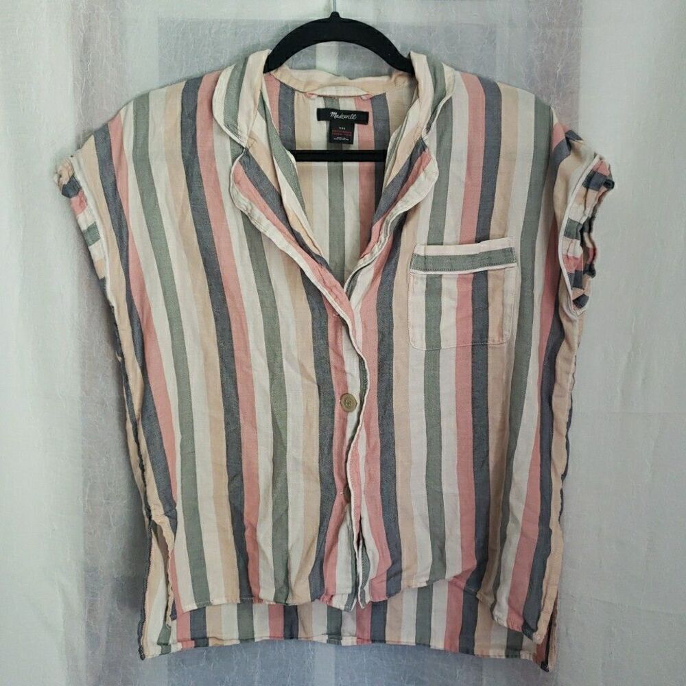 Madewell Shirt Striped Button-Down Short Sleeve Top Boho Cotton Women's Size XXS
